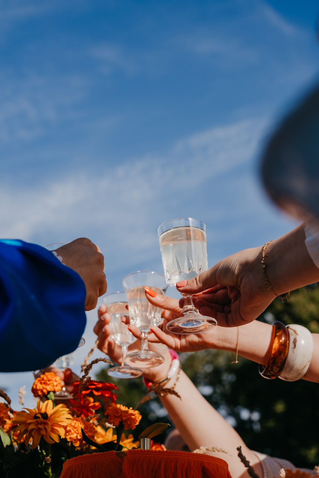 Invités qui trinquent sous le ciel d'été